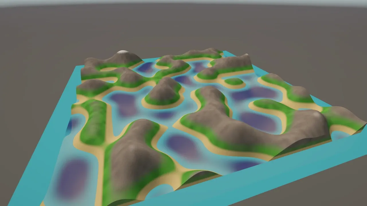 The terrain coloured by height, with pale sand at the waterline, green grassland, grey rock and white snow on the peaks.