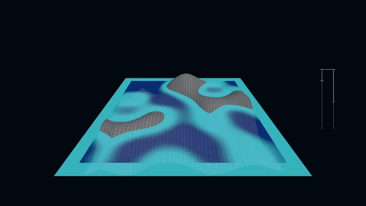 Terrain viewed from above with water shaded by depth: pale turquoise in the shallows and deep blue further out.